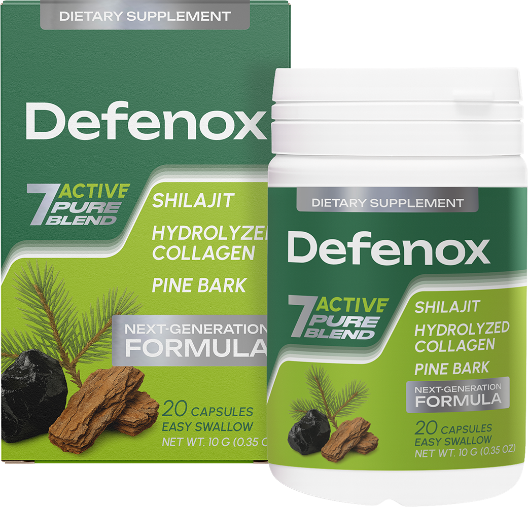 Defenox dietary supplement capsules, box and bottle